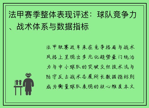 法甲赛季整体表现评述：球队竞争力、战术体系与数据指标